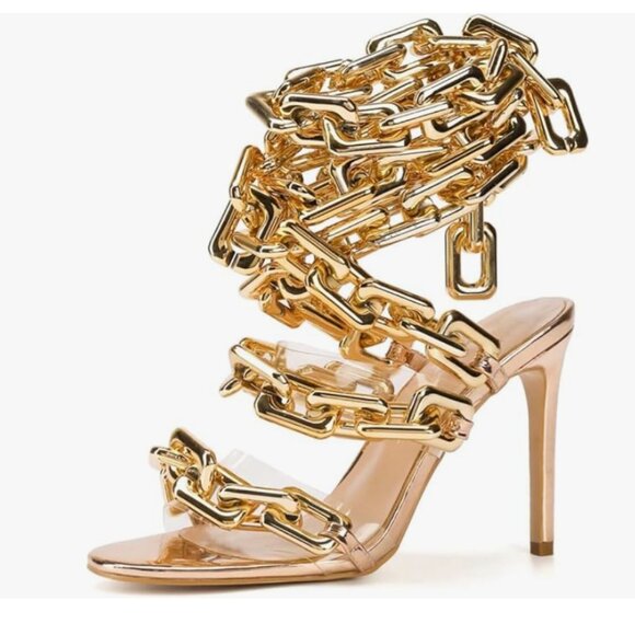 Luxury Women's Ankle Link Gold Heels - Picture 1 of 8